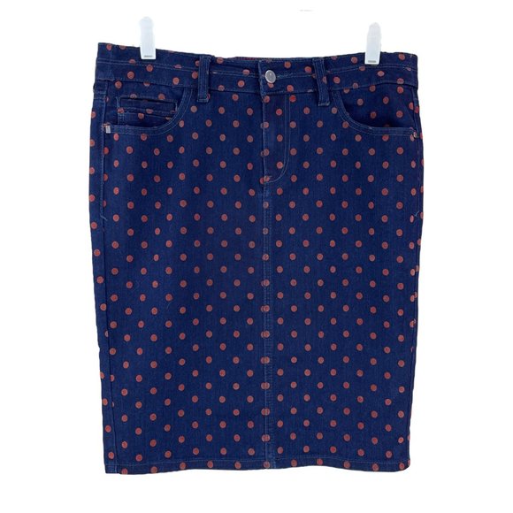PILCRO & The LETTERPRESS dark navy stretch denim skirt w/ fuzzy polka dots SZ 28 - Picture 12 of 14